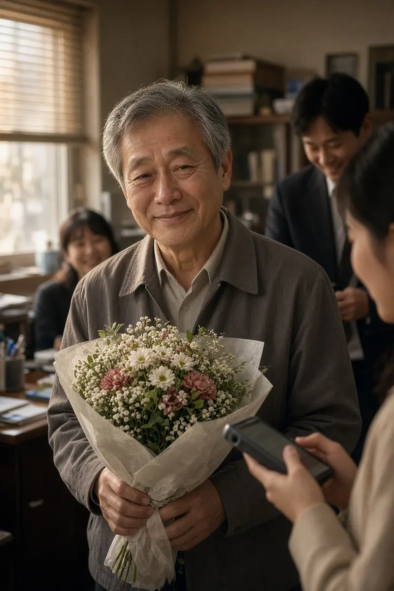 꽃다발을 든 채 동료들이 틀어준 노래를 듣는 아버지